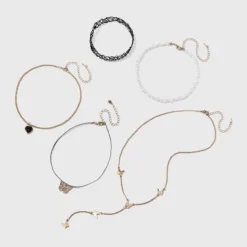 Butterfly And Pearl Heart Choker Necklace Set 5pc - Wild Fable™ Gold